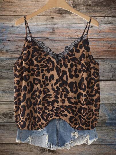 SHEIN VCAY Plus Size Women Lace Splicing Leopard Print Camisole