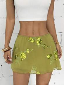 SHEIN PETITE Váy ngắn màu xanh lá cây thêu lưới gợi cảm & thanh lịch kiểu Trung Hoa mới cho nữ - màu xanh lá - Xem 6