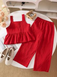 SHEIN Genkimix Kids 2pcs/Set Young Girl Casual Textured Fabric Camisole And Wide Leg Pants Set - Red - View 2
