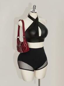 SHEIN ICON 大码黑色纯色渔网短裤