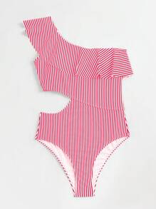 SHEIN Swim Ruffled Hem Minimal/Simple Design One Piece Swimsuit, Suitable For Summer - Multicolor - View 6