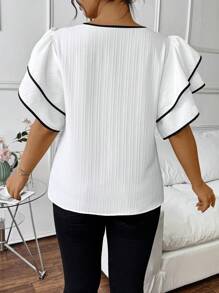 Elenzga Plus Size Black & White Contrasting Ruffle Trim Short Sleeve Blouse - White - View 2