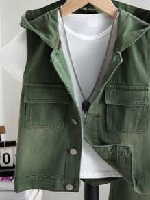 SHEIN Tween Boy Solid Color Hooded Vest, Sleeveless Short Minimalist Fashion Suit, Suitable For Summer,Holiday,Summer,Travel - Army Green - View 5