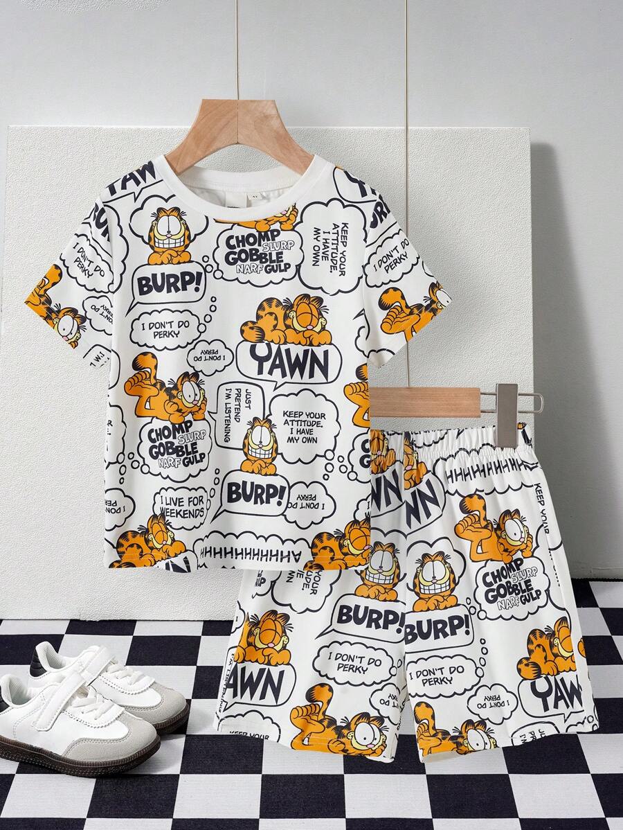 GARFIELD | SHEIN Young Boy Cartoon Cat Print White Casual Cool Sports Short Sleeve T-Shirt And Shorts Outfit - Multicolor - View 1