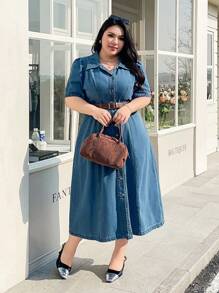 SHEIN ICON Plus Size Solid Color Front Button Summer Casual Short Sleeve Denim Dress