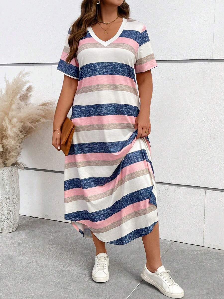 SHEIN PETITE Petite V-Neck Striped Long Casual Plus Size Knit Dress - Pink - View 1