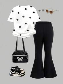 SHEIN Leap Crew 2pcs/Set Tween Girl Casual Simple Black & White Floral Short Sleeve Loose T-Shirt + Bell Bottom Pants Set, Suitable For Summer - Multicolor - View 2