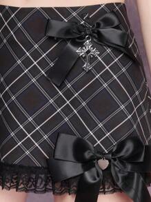 ROMWE Goth 黑色和灰色格子哥特宫廷可爱学院风蝴蝶结女式迷你裙 - 黑色 - 查看 5