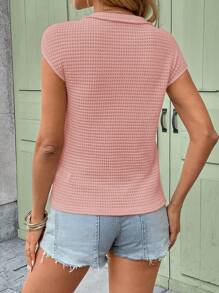 SHEIN LUNE V-Neck Solid Color Waffle Knit Casual Short Sleeve T-Shirt, Spring/Summer,Casual - Pink - View 2
