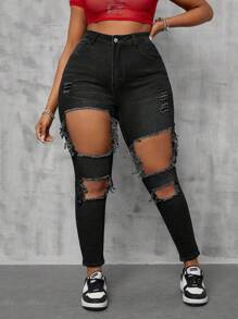 Slaydiva Plus Size Women Stretchy Blue Denim Ripped Skinny Jeans Women Spring Old Money - Black - View 3