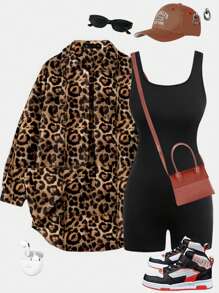 SHEIN Essnce Conjunto de verano de dos piezas de talla grande para mujer: chaqueta informal cómoda y holgada de gasa con efecto leopardo y un mono negro sin mangas - Conjunto de ropa de aeropuerto, estilo Y2K, ropa de calle, y conjuntos de salón para mujer - Negro - Ver 1