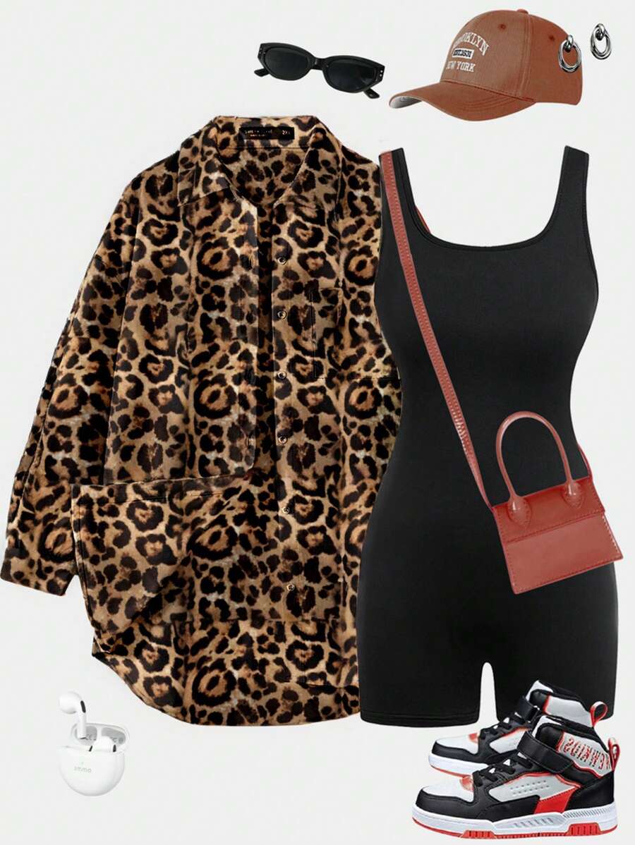 SHEIN Essnce Conjunto de verano de dos piezas de talla grande para mujer: chaqueta informal cómoda y holgada de gasa con efecto leopardo y un mono negro sin mangas - Conjunto de ropa de aeropuerto, estilo Y2K, ropa de calle, y conjuntos de salón para mujer - Negro - Ver 1