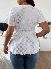 SHEIN Frenchy Plus Size Women Textured V-Neck Lace Splice T-Shirt - White - View 2