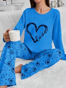 RueChic 100% Cotton 2Pcs  Contrast Colour Heart Printed PJ Set - Blue - View 1
