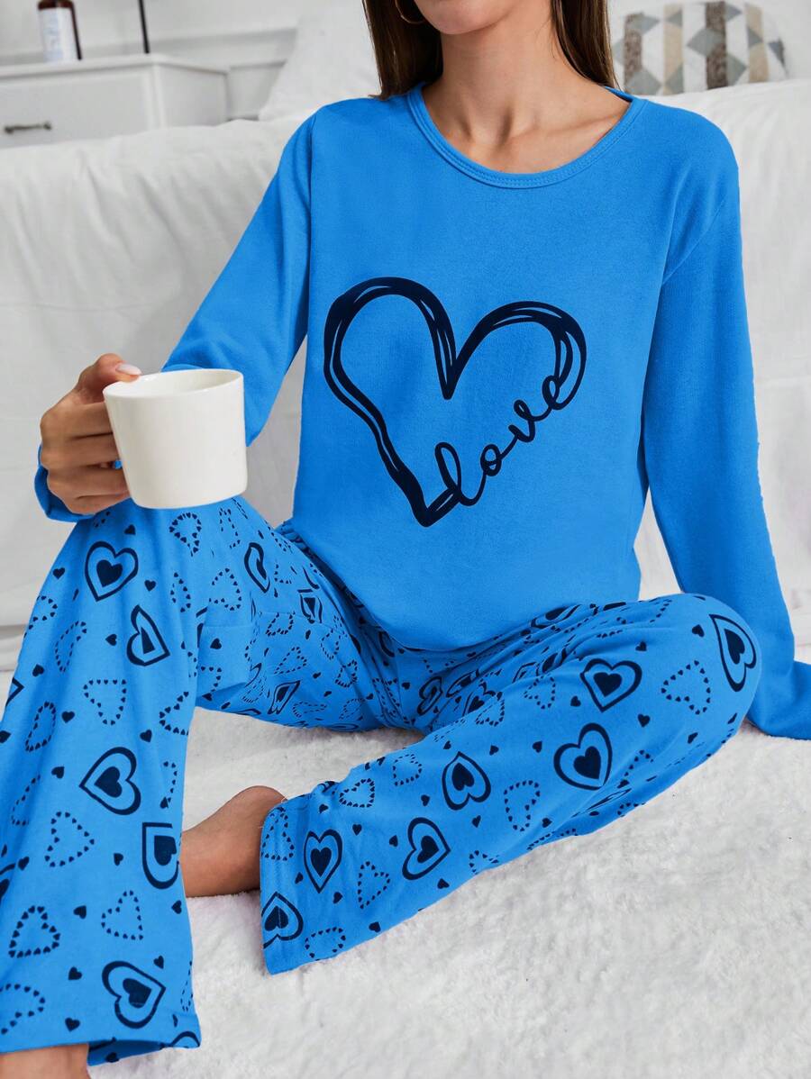 RueChic 100% Cotton 2Pcs  Contrast Colour Heart Printed PJ Set - Blue - View 1