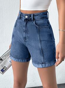 RueChic Slant Pocket Fold Up Front Opening Denim Shorts - Medium Wash - View 2