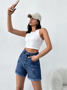 RueChic Slant Pocket Fold Up Front Opening Denim Shorts - Medium Wash - View 6