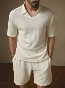 Manfinity VCAY 2pcs Knitted Close-Fitting Polo Collar Casual Suit Set, Suitable For Summer - Apricot - View 6