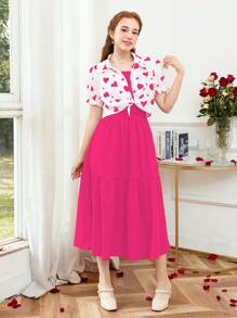 SHEIN 2pcs Heart Print Cami Dress Set For Teen Girls, Valentine's Day