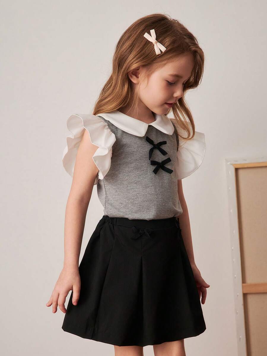 PrepCrw 年轻女孩春夏学院风撞色领/袖 T 恤和迷你裙套装 - 彩色 - 查看 1