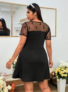 SHEIN EZwear Plus Size Black Casual Dress With Semi-Sheer Bow-Dot Mesh Short Sleeves And Round Neckline - Black - View 2