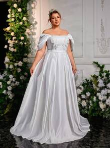 Glamrae Plus Size Elegant Romantic White Off The Shoulder Open Shoulder Applique Decor A-Line Heavy Embroider Wedding Dress, Bride - White - View 7
