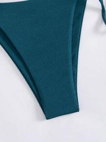 SHEIN Swim 纯色比基尼泳装套装，带三角形上衣和丁字裤，适合海滩和度假 - 水鴨藍 - 查看 6