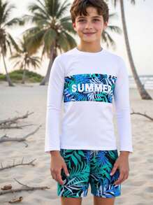 Tween Boy Tropical Plants Print Long Sleeve Rashguard And Swim Trunks Set - Multicolor - View 3