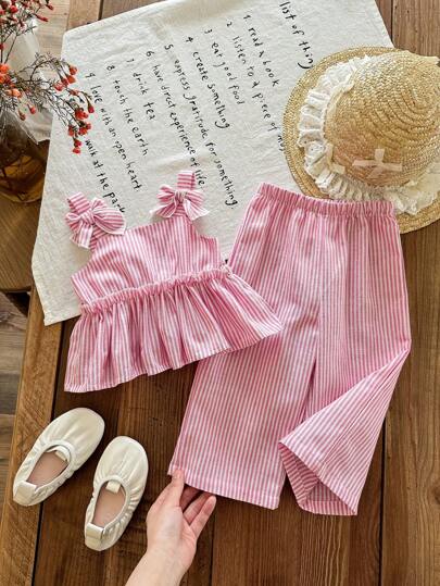 SHEIN LMoss Kids Ensemble de 2 pièces top camisole rose à rayures mignonnes et pantalon à taille élastique pour bébé fille, été