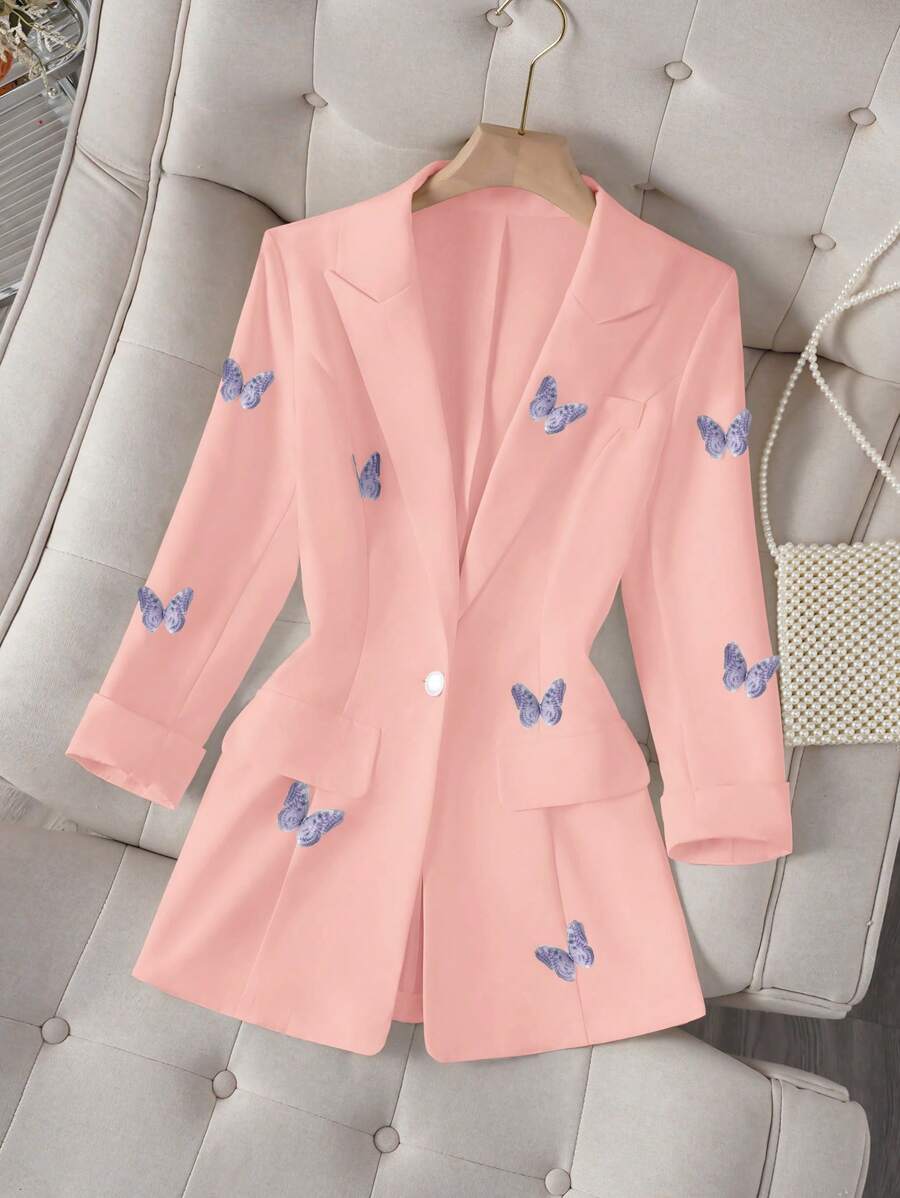 Franclia Women's Peter Pan Collar Butterfly Print Single-Button Blazer - Baby Pink - View 1
