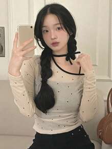 DAZY 撞色不对称领口露肩不对称设计紧身波尔卡圆点女式T恤，秋季衣服长袖女式上衣 - 杏色 - 查看 6