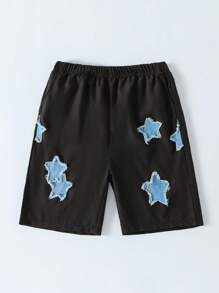 Tween Boys Fashion Cool Casual Embroidered Star Loose Shorts, Suitable For Sports And Outdoor, Spring/Summer - Black - View 4