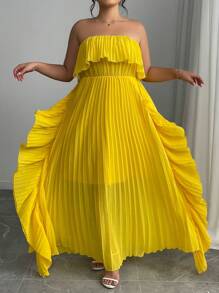 Elenzga Plus Size French Romantic Solid Color Pleated Ruffle Cold Shoulder Long Dress, Spring/Summer - Yellow - View 3