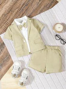 Souflis Souflis 2pcs Baby Boys Formal Gentleman Suit Set, Lapel Short Sleeve Single-Breasted Blazer Jacket + Elastic Waist Casual Shorts, Summer Series, Fashion Handsome, Suitable For Birthday Party, Dinner, Performance, Wedding, Full Moon, Baptism, Anniversary, Outdoor Wear, Wedding, Wedding Guest, Ring Boy, Page Boy, Baby's First Mother's Day Outfit, Family Matching Outfits