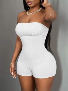 Slaydiva Women Ribbed Tube Top Jumpsuit With Shorts - Style A - White - View 1