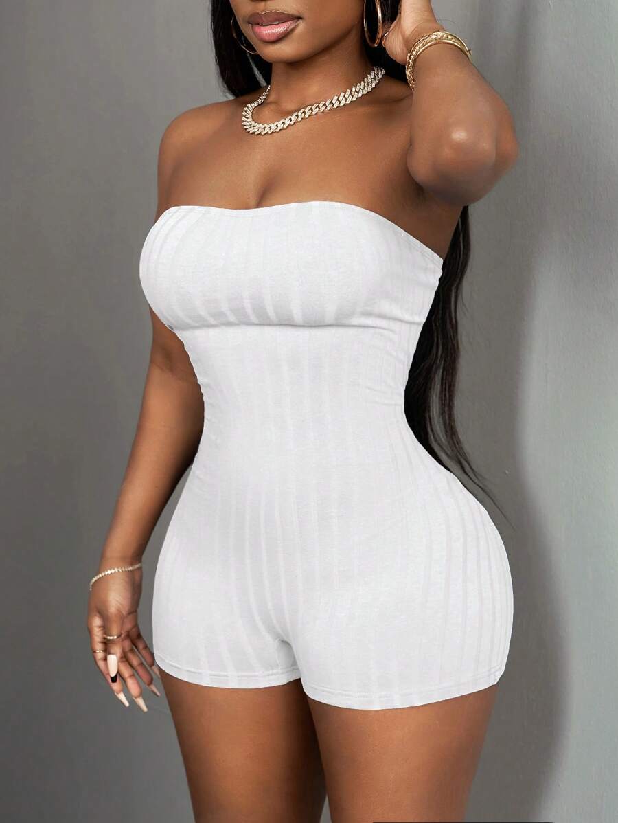 Slaydiva Women Ribbed Tube Top Jumpsuit With Shorts - Style A - White - View 1