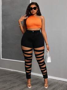 SHEIN SXY 大码性感系带镂空紧身牛仔裤 - 黑色 - 查看 5