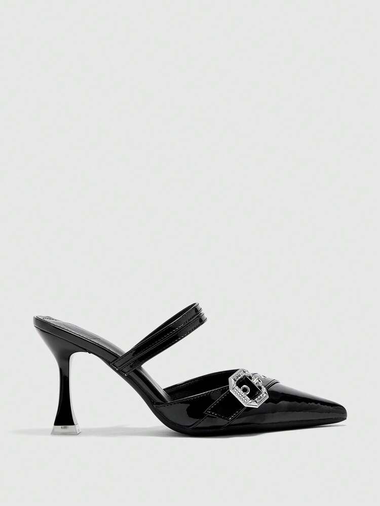 CUCCOO CURVES プラスワイド ハイヒールサンダル 9cm、中空 ブラック スタイリッシュ エレガント リベット バックル装飾クローズドトゥ、オフィスや夏の日常着に適しています