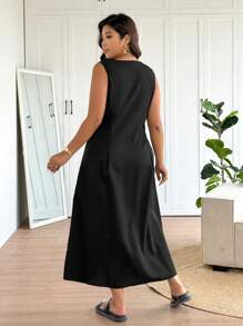 SHEIN Frenchy Vestido maxi negro sin mangas con diseño de botones para mujer de talla grande, estilo elegante y casual, nueva moda de primavera/verano