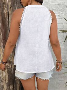 SHEIN LUNE Pure Cotton Vacation Style Fresh Floral Trim Collar Sleeveless Casual Shirt - White - View 2