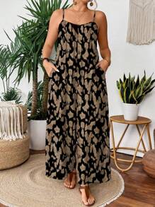 SHEIN LUNE Plus Size Casual Allover Print Sleeveless Backless Jumpsuit - Multicolor - View 3