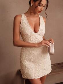 Savoree Beaded Pearl & Floral Embroidered Dress, Elegant, Modest, Suitable For Summer, Festivals, Graduations, Wedding Guests - Apricot - View 3