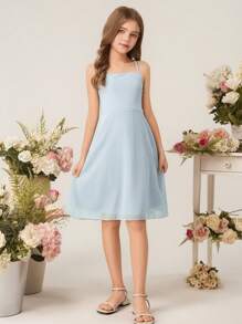 Elegant Simple & Fashion Sleeveless High Waist Mid-Length Blue Tone Casual Dress For Tween Girl, Summer Wedding Junior Bridesmaid Dress