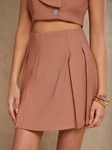 COSMINA 女士休闲纯色褶皱 A 字裙，夏季 - 橘色 - 查看 4