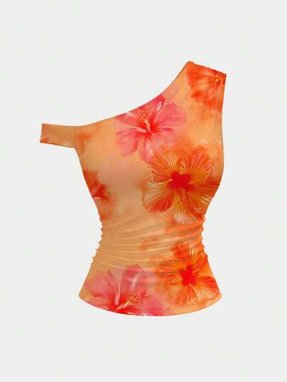 SHEIN MOD 女式不对称荷叶边装饰印花修身衬衫