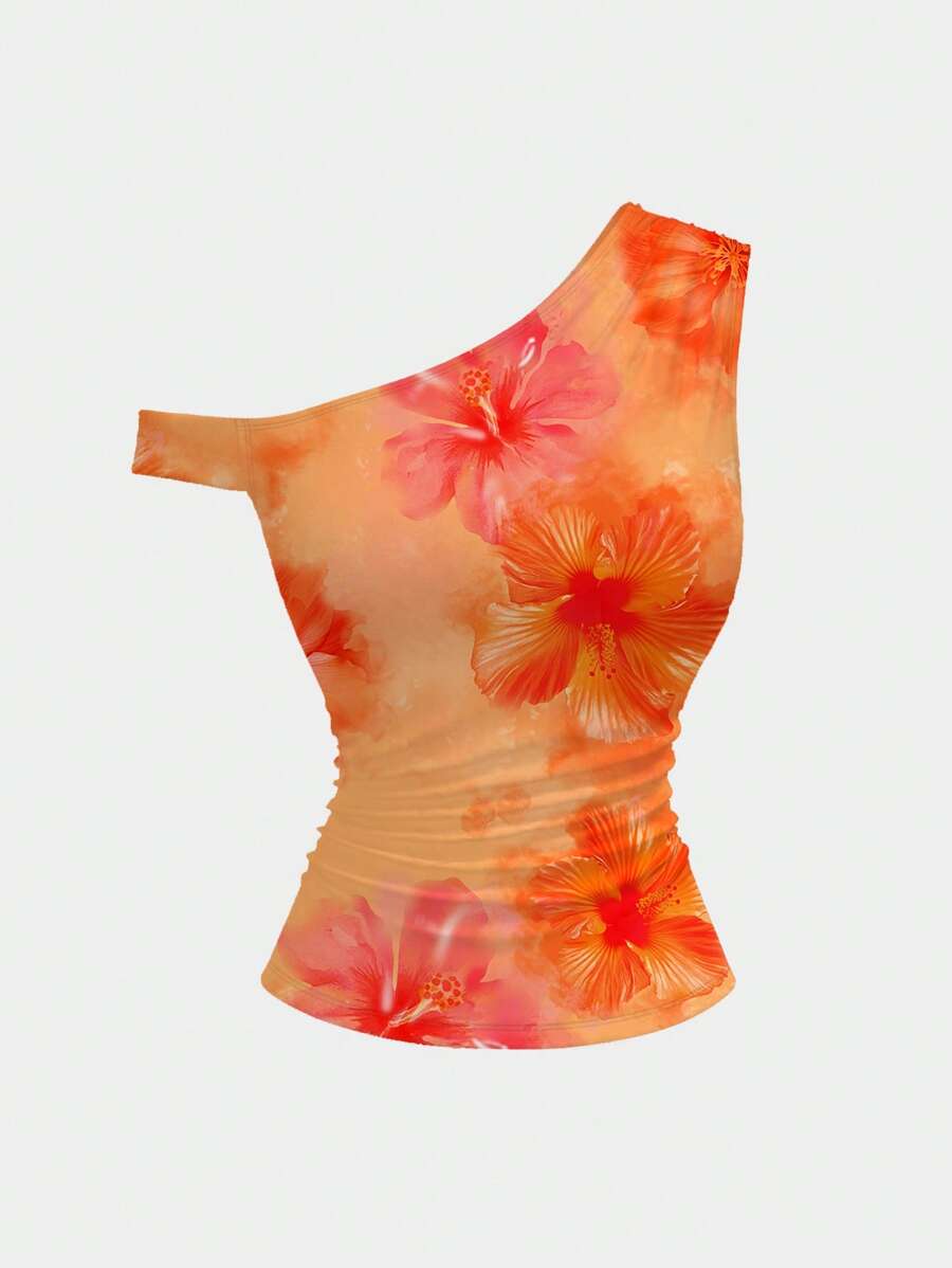 SHEIN MOD Damen Bluse mit asymmetrischen Volants und Druckverzierung, figurbetont