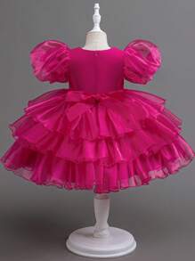 Glamorique Kids 年轻女孩组合网眼泡泡袖荷叶边下摆派对连衣裙