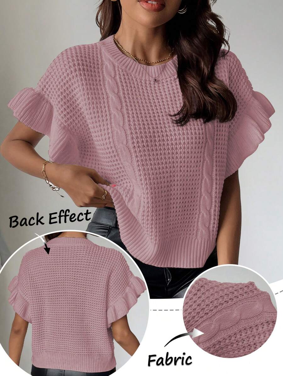 Chiquease Women's Loose Knitted Cable Cable Round Neck Ruffled Sleeve Cardigan Vest - Dusty Pink - View 1