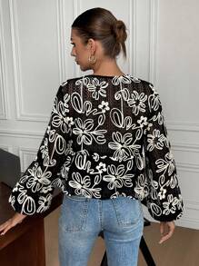 Serisse 女士休闲长袖衬衫，带结饰、荷叶边下摆和刺绣