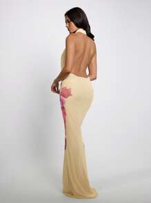 Aloruh Women's Sexy Backless Halter Dress With Floral Print Maxi Dress Women Summer Dress Women Summer Outfits For Women Vacation Outfits Woman Butter Yellow Dress Butter Yellow Dress